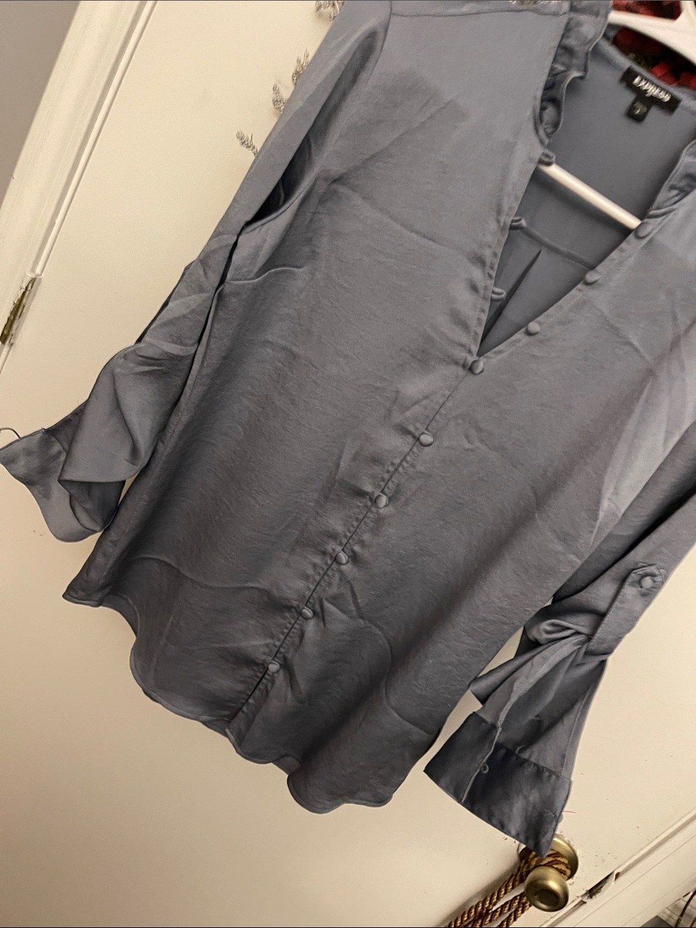 Express Steel Gray Button-Front Ruffle Collar Blouse - Picture 3 of 5